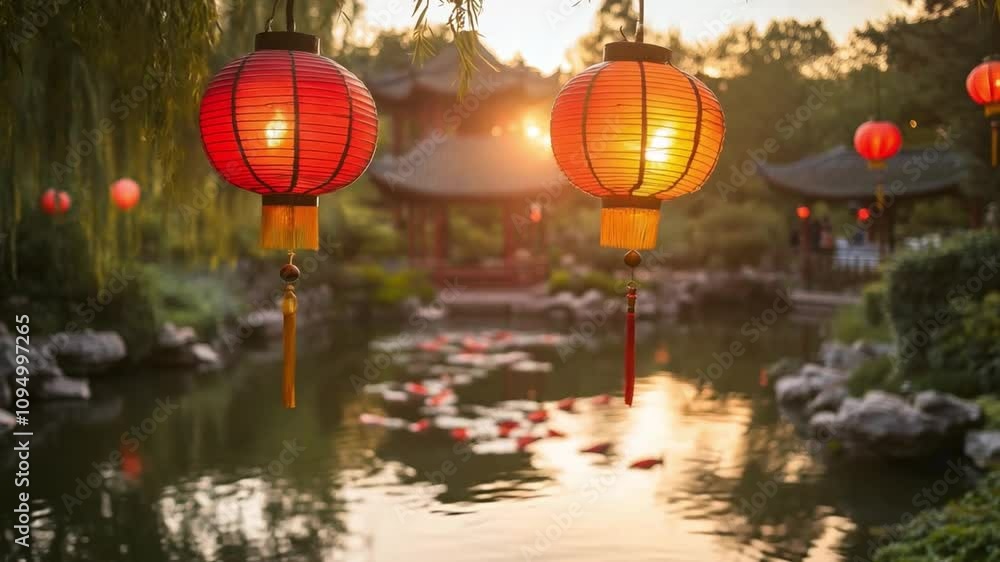 Lanterns illuminate a serene garden pond at sunset with traditional structures in the background Lanterns illuminate a serene garden pond at sunset with traditional structures in the background
