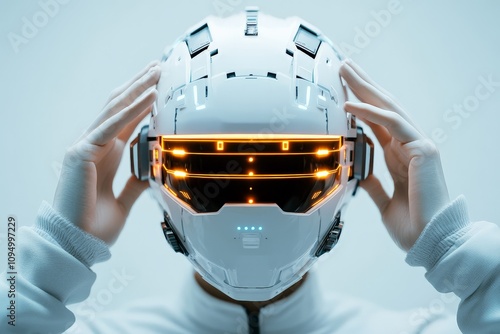 The image features an individual putting on a sophisticated high-tech white helmet with an illuminated futuristic visor, emphasizing cutting-edge technology and style. photo