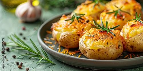 On a pale green backdrop a plate containing tasty baked potatoes seasoned with cheese, spices, and rosemary is seen from above and up close, Generative AI.