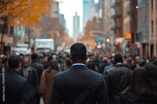 African American Man in Suit, City Commute Crowd