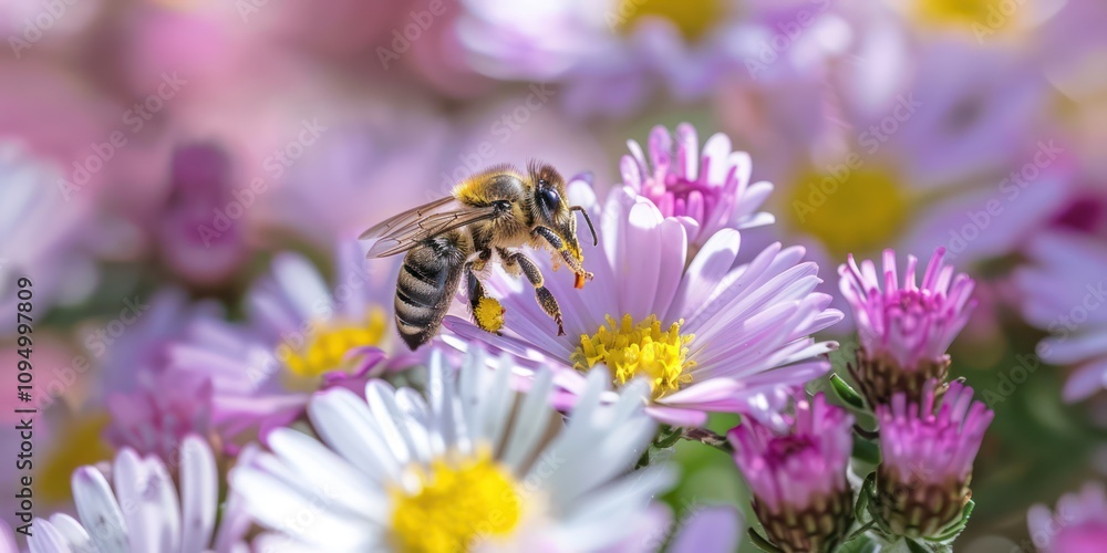 Bees collecting pollen from vibrant flowers. Bees collecting pollen from vibrant flowers.