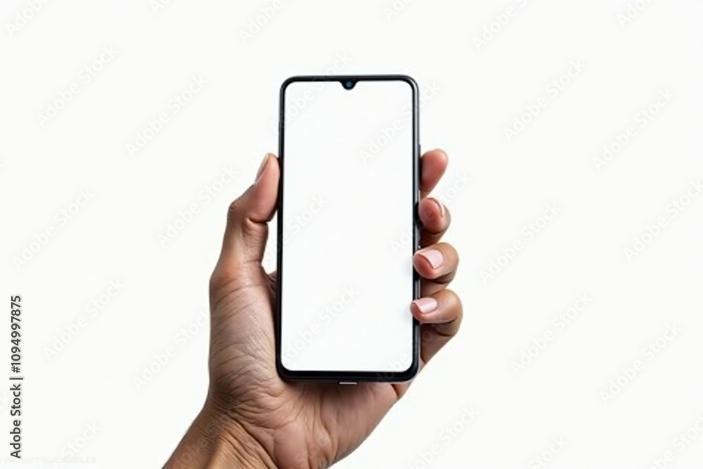 Hand Holding Black Smartphone with Blank Screen Isolated on White Background, Ideal for Technology and E-Commerce Design Hand Holding Black Smartphone with Blank Screen Isolated on White Background, Ideal for Technology and E-Commerce Design