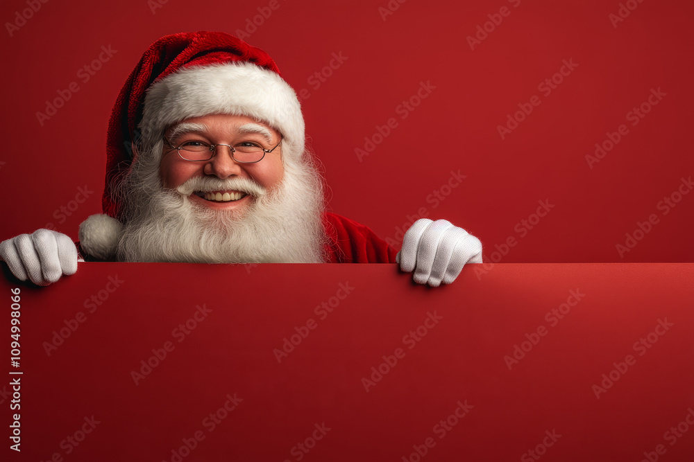 Naklejka premium A cheerful santa claus holding a blank sign for festive promotional message
