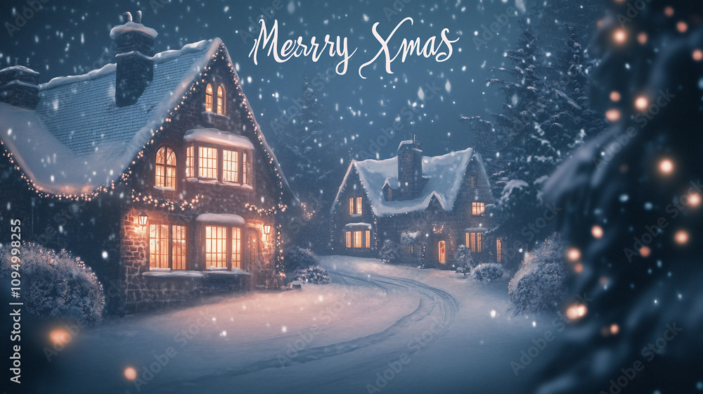 Fototapeta premium Vintage postcard view of a christmas town covered in snow winter village with text merry xmas celebration poster
