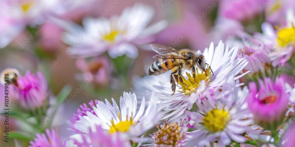 Bees collecting pollen from vibrant flowers. Bees collecting pollen from vibrant flowers.