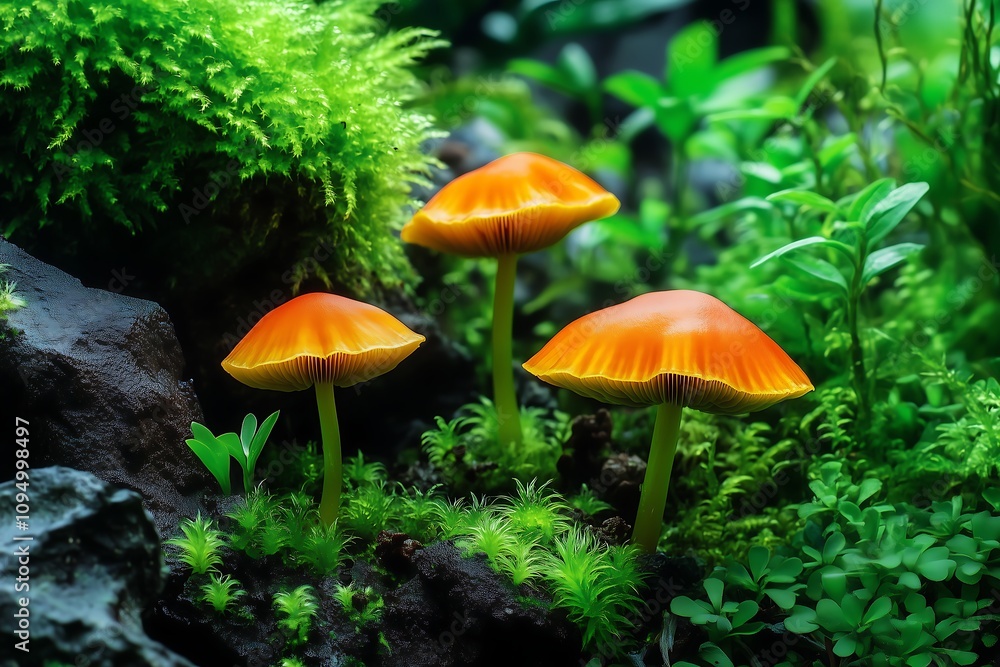 Radiant Orange Mushrooms Amidst Lush Greenery Radiant Orange Mushrooms Amidst Lush Greenery