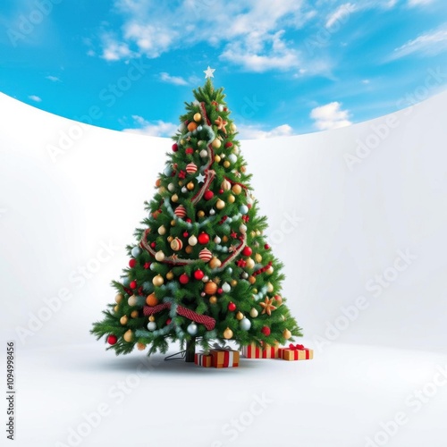  Beautifulrealdecorated christmas tree against white studio backgroundisolated christmas tree holiday winter festive celebration    photo