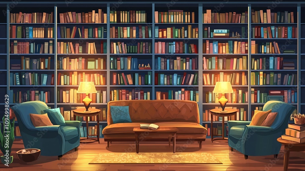 Elegant and Cozy Home Library Decor with Bookshelves Plush Seating and Warm Lighting creating a Tranquil and Inspiring Atmosphere for Reading and Relaxation Elegant and Cozy Home Library Decor with Bookshelves Plush Seating and Warm Lighting creating a Tranquil and Inspiring Atmosphere for Reading and Relaxation