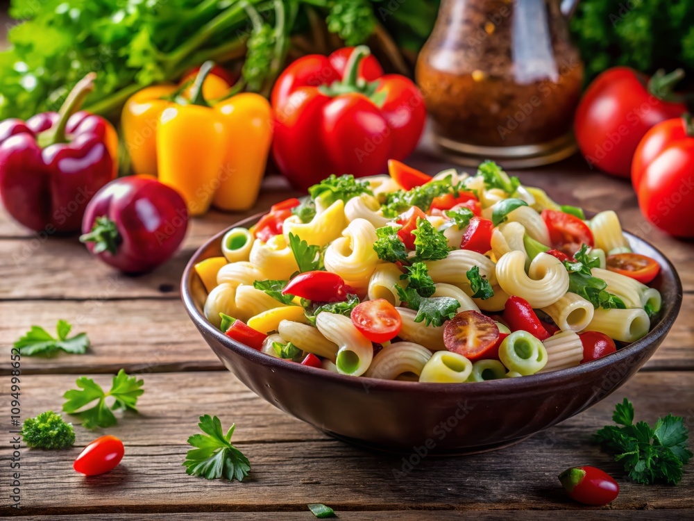 Fresh and Colorful Macaroni Salad in a Bowl with Vegetables, Perfect for Summer Gatherings and Potlucks, Showcasing a Delicious and Inviting Dish on a Rustic Wooden Table Fresh and Colorful Macaroni Salad in a Bowl with Vegetables, Perfect for Summer Gatherings and Potlucks, Showcasing a Delicious and Inviting Dish on a Rustic Wooden Table
