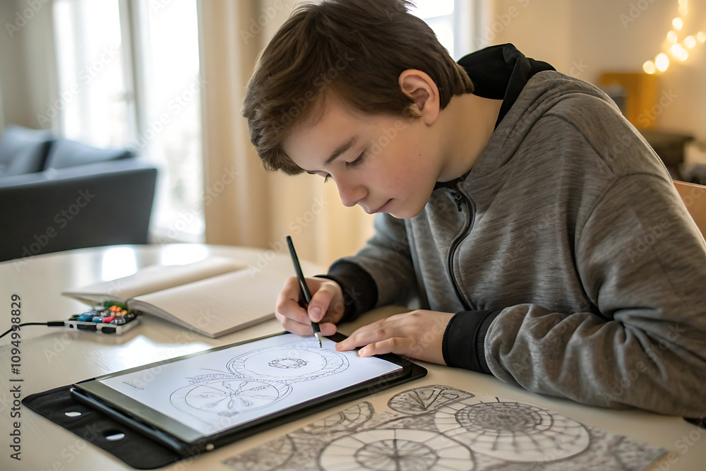A teen with cerebral palsy sketching abstract shapes using an adaptive drawing device. Crated With Generative AI A teen with cerebral palsy sketching abstract shapes using an adaptive drawing device. Crated With Generative AI
