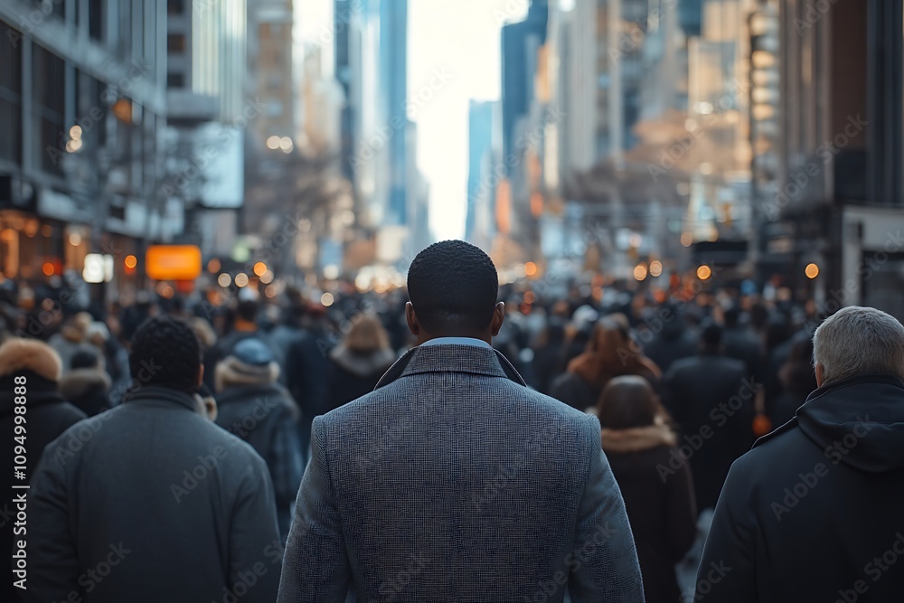 African American Man Walking Away in Dense City Crowd African American Man Walking Away in Dense City Crowd