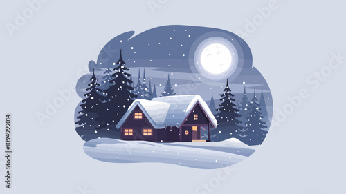 A snow-covered cabin nestled among tall pine trees, with a clear night sky illuminated by a bright full moon