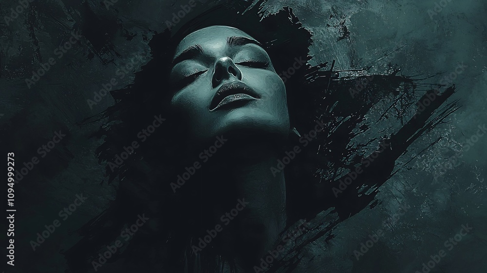 Enigmatic Feminine Digital Portrait with Dramatic Light and Shadow Interplay Surrounded by Abstract Strokes in Deep Black and Gray Tones Enigmatic Feminine Digital Portrait with Dramatic Light and Shadow Interplay Surrounded by Abstract Strokes in Deep Black and Gray Tones