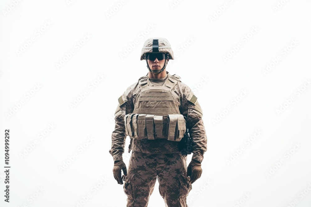 Soldier in camouflage, helmet, and body armor. Soldier in camouflage, helmet, and body armor.
