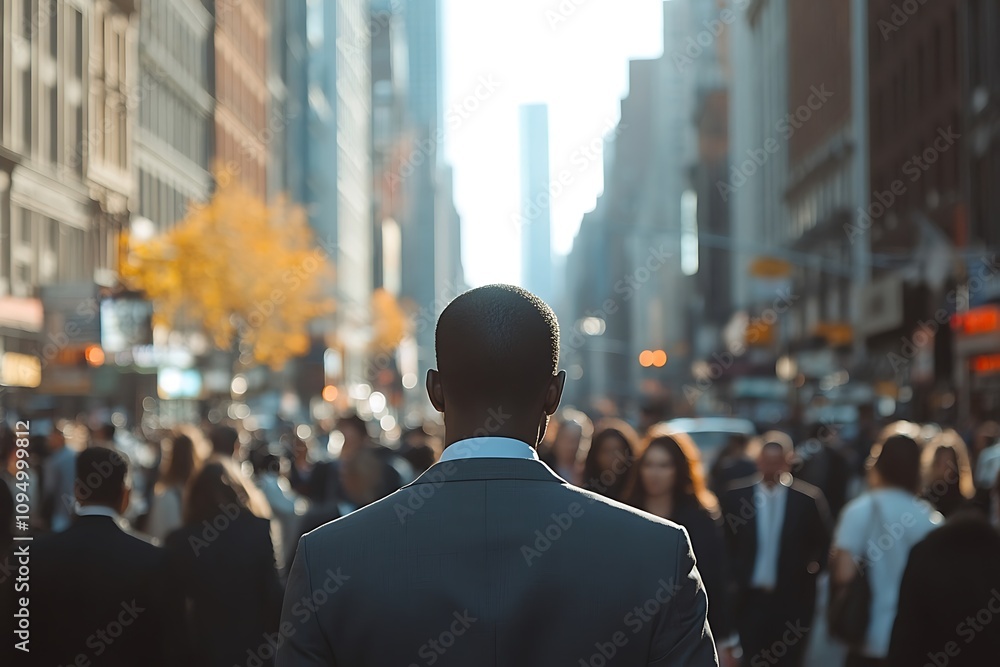 African American Man Walking Sunlit City Street African American Man Walking Sunlit City Street