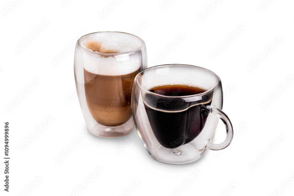 Two Glass cups with cappuccino and americano coffee. Side view Isolated on white or transparent background close up Two Glass cups with cappuccino and americano coffee. Side view Isolated on white or transparent background close up