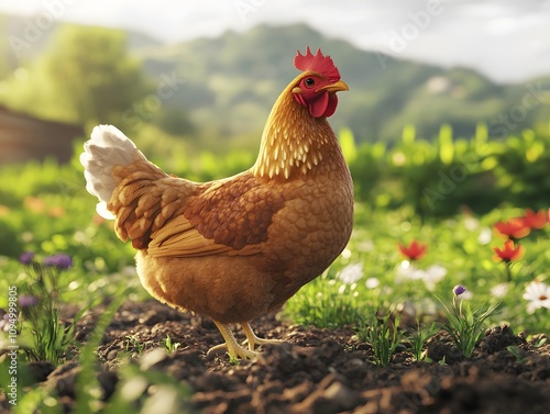 A free-range organic chicken roaming in a natural farm environment, emphasizing its healthy lifestyle photo