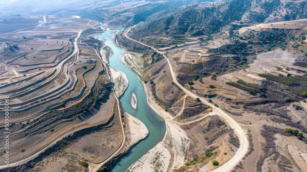 Winding river flowing through golden desert aerial view natural landscape desert environment abstract concept
