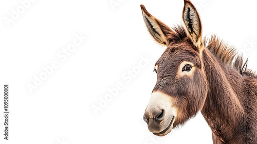 A donkey turning its head back as if looking at the viewer, isolated on a plain white background photo