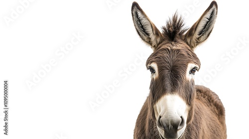 A donkey turning its head back as if looking at the viewer, isolated on a plain white background photo