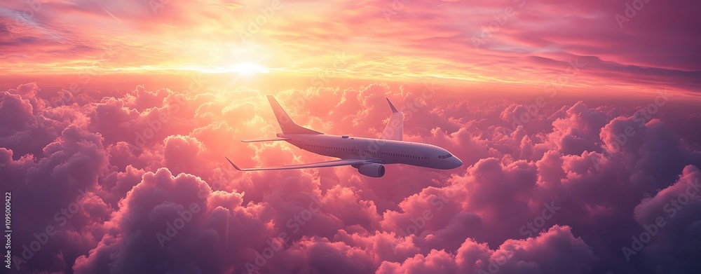 Fototapeta premium A jet plane flies through the clouds as the sun sets in the distance, casting a warm glow on the sky