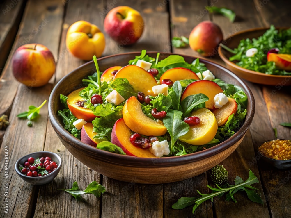 Fresh Peach Salad with Citrus Vinaigrette Served in a Beautifully Designed Bowl on a Rustic Wooden Table, Showcasing Vibrant Colors and Textures of Summer Ingredients Fresh Peach Salad with Citrus Vinaigrette Served in a Beautifully Designed Bowl on a Rustic Wooden Table, Showcasing Vibrant Colors and Textures of Summer Ingredients