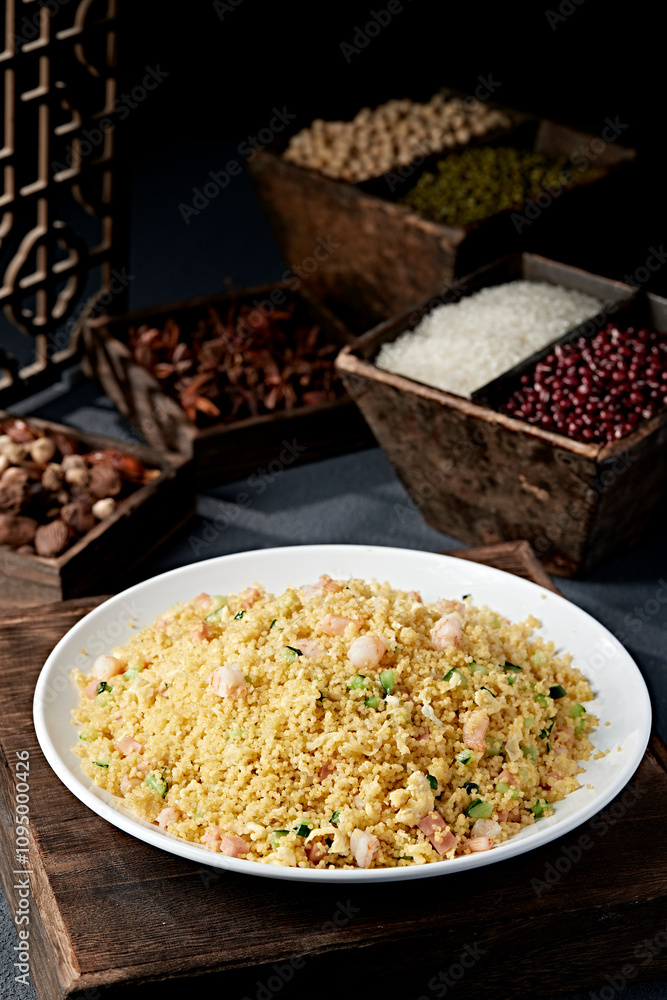 Fried rice with shrimp, egg, ham and cucumber Fried rice with shrimp, egg, ham and cucumber