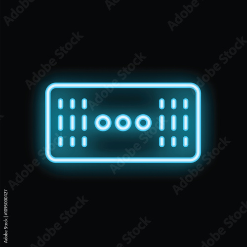 Blue neon sign icon of a braille display glowing on a black background