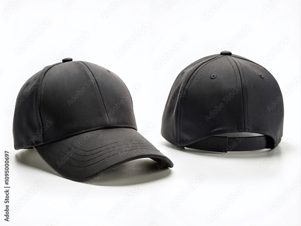 Front and Back View of a Black Cap on a White Background, Perfect for Fashion, Apparel, and Accessories Photography with a Minimalist Aesthetic Front and Back View of a Black Cap on a White Background, Perfect for Fashion, Apparel, and Accessories Photography with a Minimalist Aesthetic
