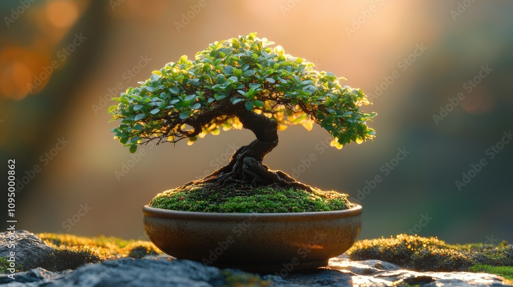 A serene bonsai tree in a pot, illuminated by soft sunlight, symbolizing tranquility and nature. A serene bonsai tree in a pot, illuminated by soft sunlight, symbolizing tranquility and nature.