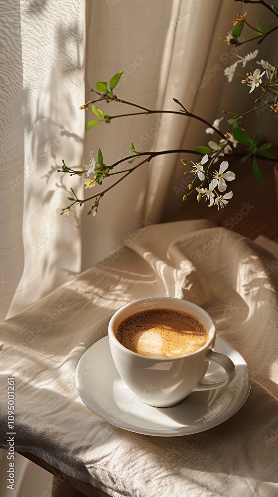 A Delicate Morning Coffee Moment with Blossoming Spring Flowers A Delicate Morning Coffee Moment with Blossoming Spring Flowers