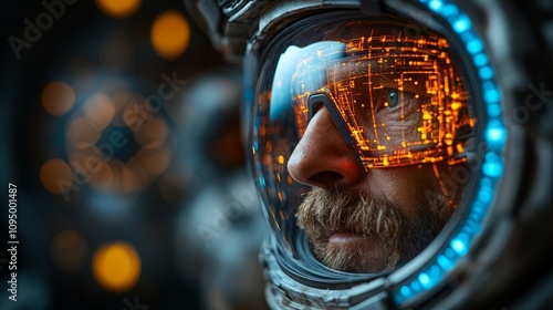 Fototapeta Naklejka Na Ścianę i Meble -  An astronaut gazes intently through a high-tech helmet, reflecting glowing circuits and lights, immersed in the vastness of outer space within a space station