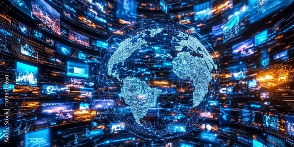 Illustrating the network of communication technology through floating media content. Illustrating the network of communication technology through floating media content.