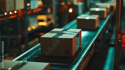 Boxes being scanned and sorted on conveyor belt, smooth warehouse operation