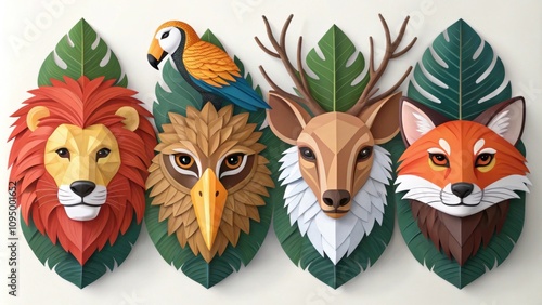 An array of vivid animal facades each mask uniquely crafted depicting creatures from natures spectrum.