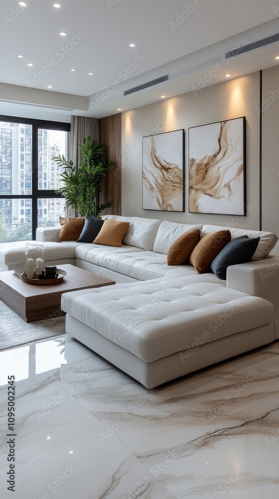 A spacious living room boasts a plush sectional sofa adorned with decorative pillows, illuminated by natural light streaming through large windows A spacious living room boasts a plush sectional sofa adorned with decorative pillows, illuminated by natural light streaming through large windows