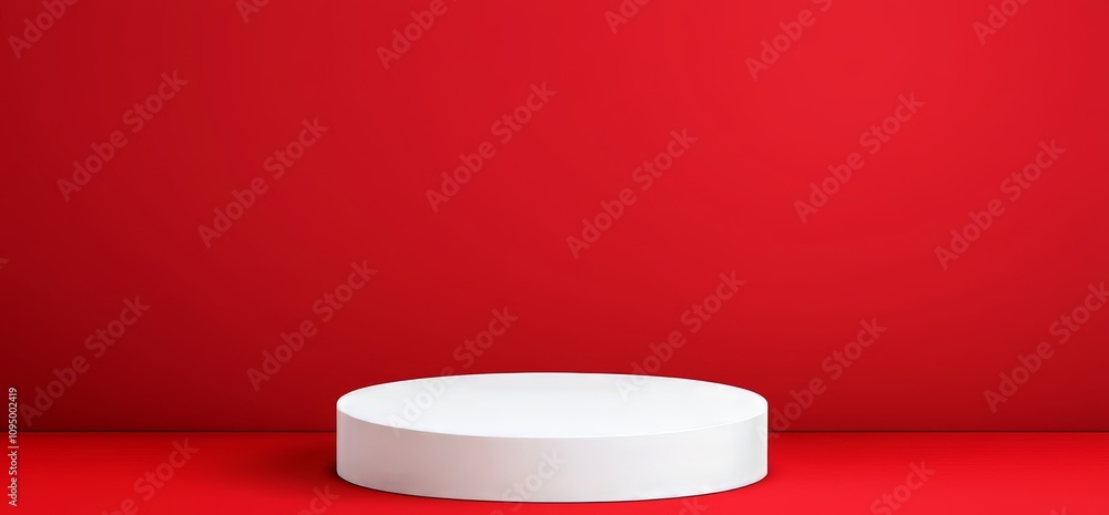 A red and white cylindrical podium stands against a burgundy background featuring a wave cut design. The studio interior showcases abstract wavy shapes and a modern display platform, perfect for A red and white cylindrical podium stands against a burgundy background featuring a wave cut design. The studio interior showcases abstract wavy shapes and a modern display platform, perfect for