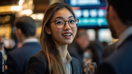 Young businesswoman networking with colleagues at a corporate event