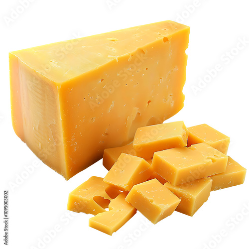 Block of aged cheddar cheese with sliced pieces displayed creatively on a white background, perfect for culinary and food-related projects and designs, Isolated on transparent background