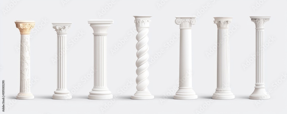 White pillars stand alone against a backdrop. A modern, realistic illustration of 3D marble columns in square, round, and hexagonal shapes, used for product presentations, ancient building White pillars stand alone against a backdrop. A modern, realistic illustration of 3D marble columns in square, round, and hexagonal shapes, used for product presentations, ancient building