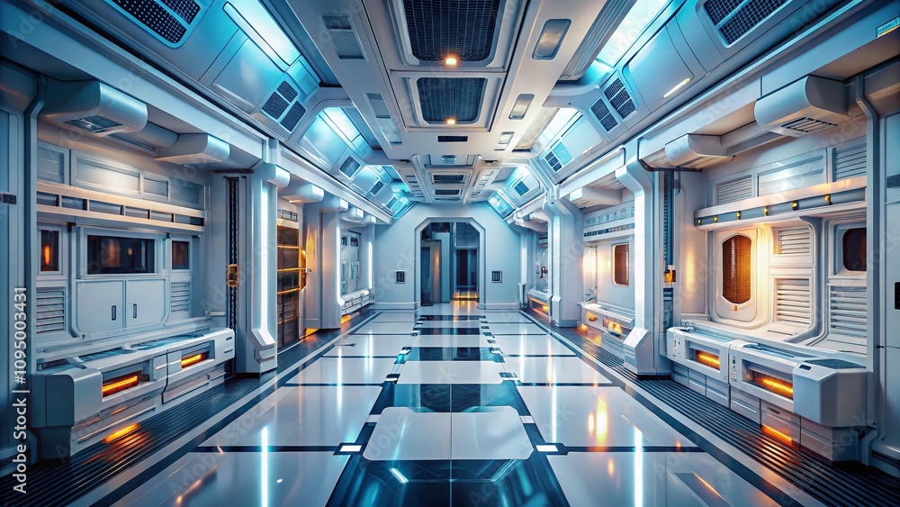 Naklejka premium Futuristic Sci-Fi Interior with Tilt-Shift Perspective of Sleek White Rooms and Corridors Filled with Advanced Technology and Modern Design Elements
