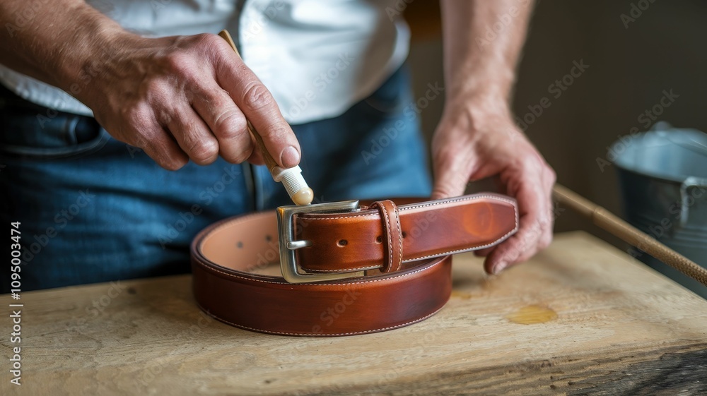 A person is applying a treatment to a handcrafted leather belt, showcasing craftsmanship and attention to detail in leatherwork.