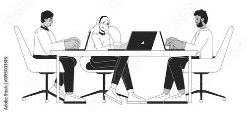 Business team of multiethnic employees working on laptops black and white 2D line characters. Young adults office workers at desk isolated vector outline people. Monochromatic spot illustration