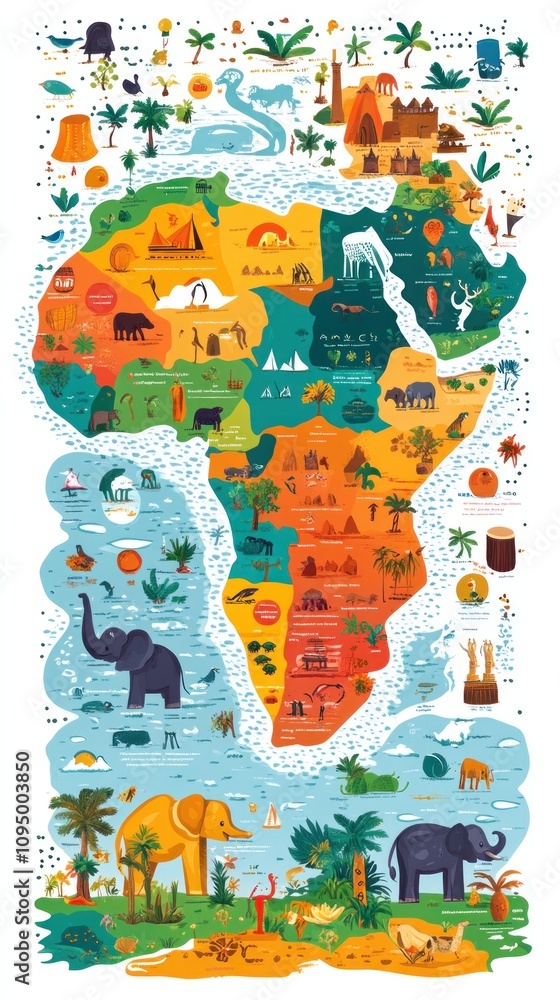 Fototapeta premium Illustrated Map Depicting African Wildlife And Landmarks
