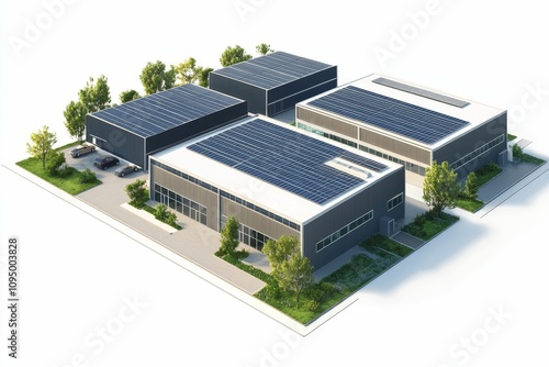 Solar-powered industrial complex, landscaped grounds.