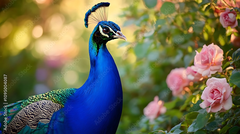 A Peacock with Blue Feathers Stands in a Garden of Pink Roses
