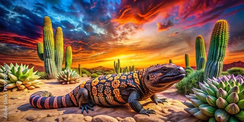 Gila Monster in a Surreal Desert Landscape: A Conceptual Exploration of Nature's Curiosities and Colorful Patterns in a Vibrant Setting photo