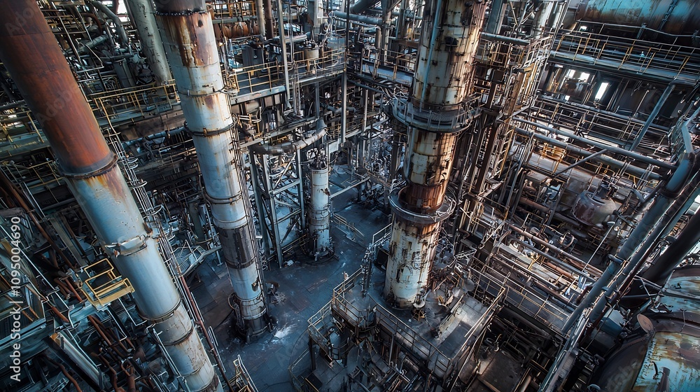 Intricate pipeline network and machinery systems within a modern Intricate pipeline network and machinery systems within a modern