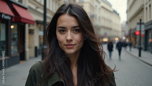Wallpaper Mural Young woman stands confidently on a charming city street with shops and a soft evening glow Torontodigital.ca