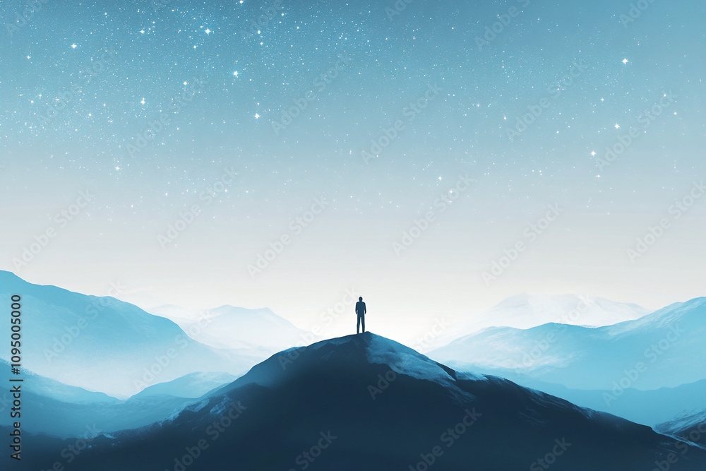silhouette of a lone figure at the peak of a mountain dreamy winter landscape far away person walking down the hills silhouette of a lone figure at the peak of a mountain dreamy winter landscape far away person walking down the hills